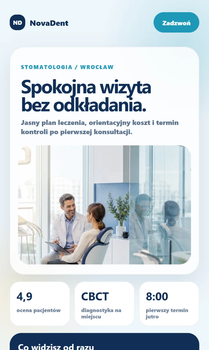 Screenshot strony NovaDent dla gabinetu stomatologicznego